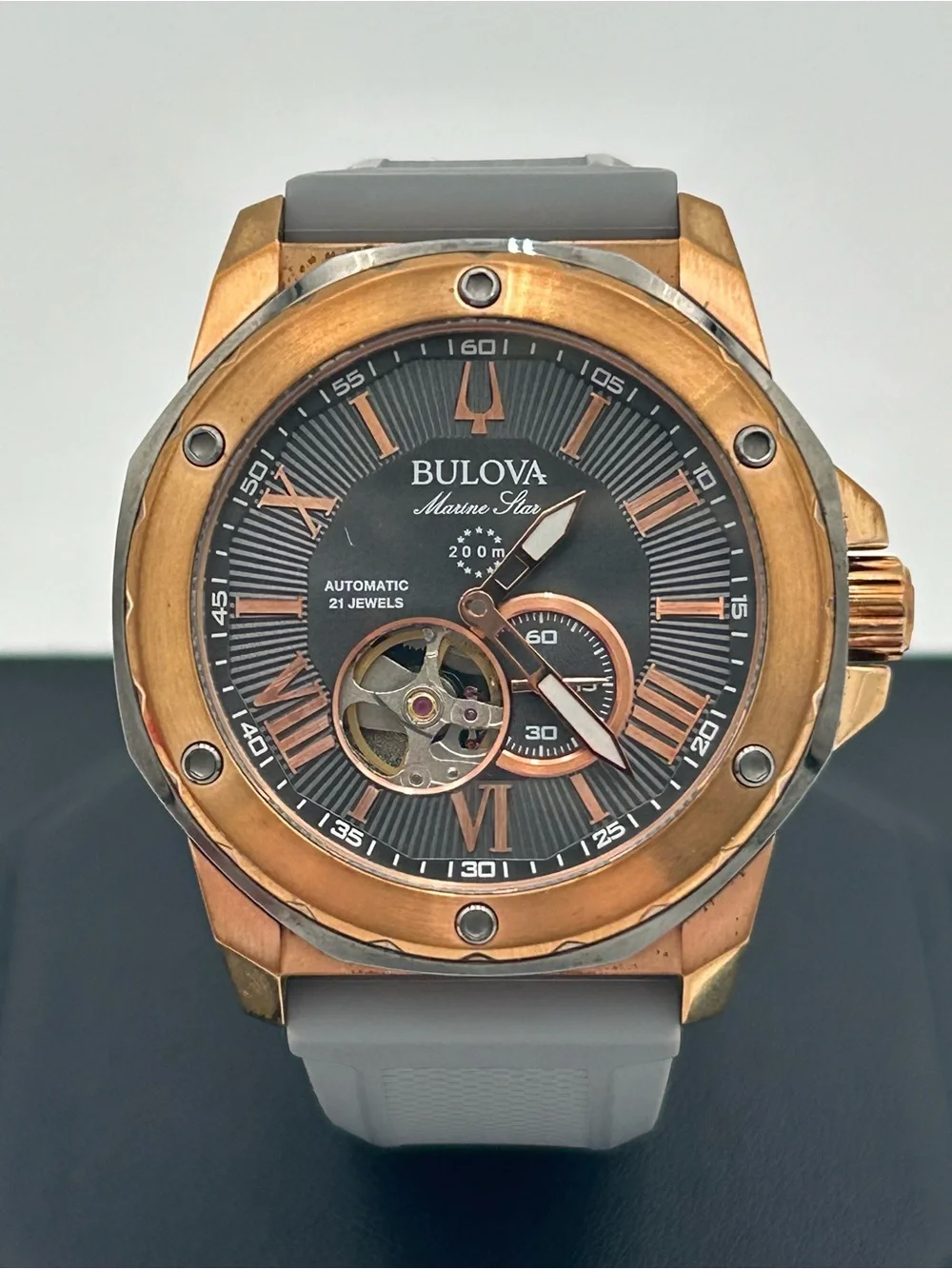 Bulova Marine Star Rose-Gold Tone Automatic Watch with Gray Band (Model 98A228)